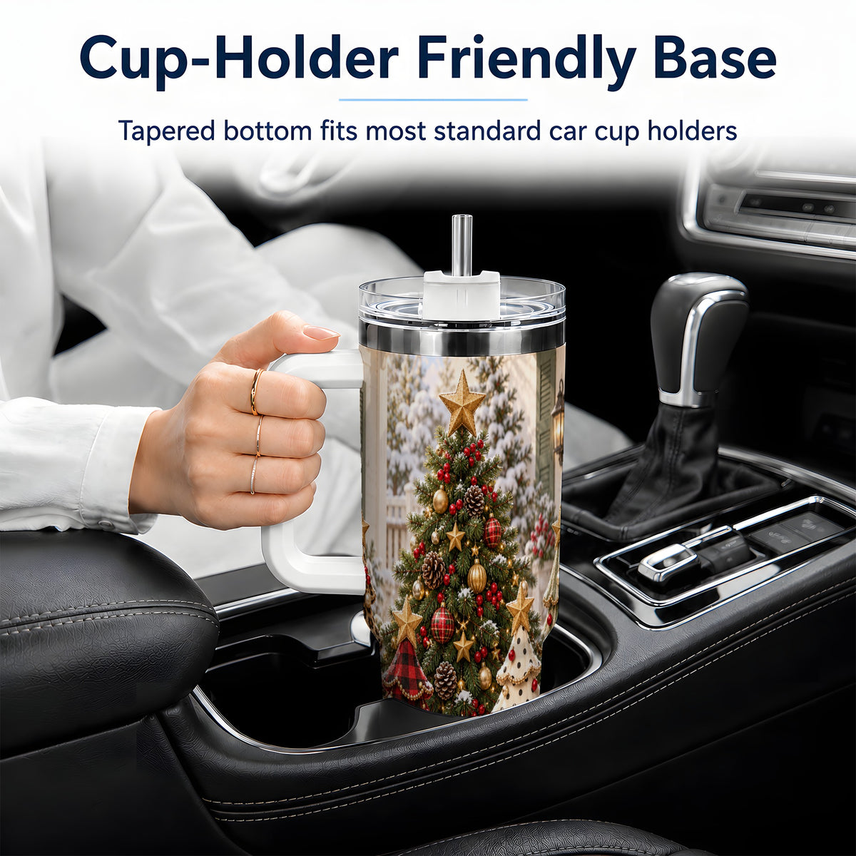 Rustic Patterned Christmas Tumbler, 40oz Handled Stainless Steel Cup