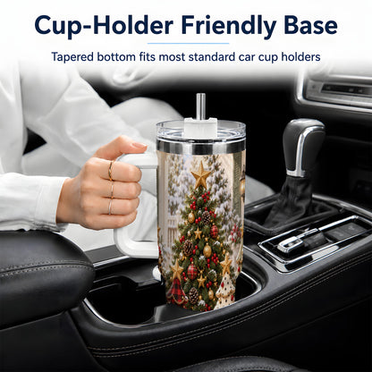 Rustic Patterned Christmas Tumbler, 40oz Handled Stainless Steel Cup