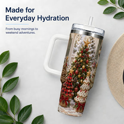 Rustic Patterned Christmas Tumbler, 40oz Handled Stainless Steel Cup