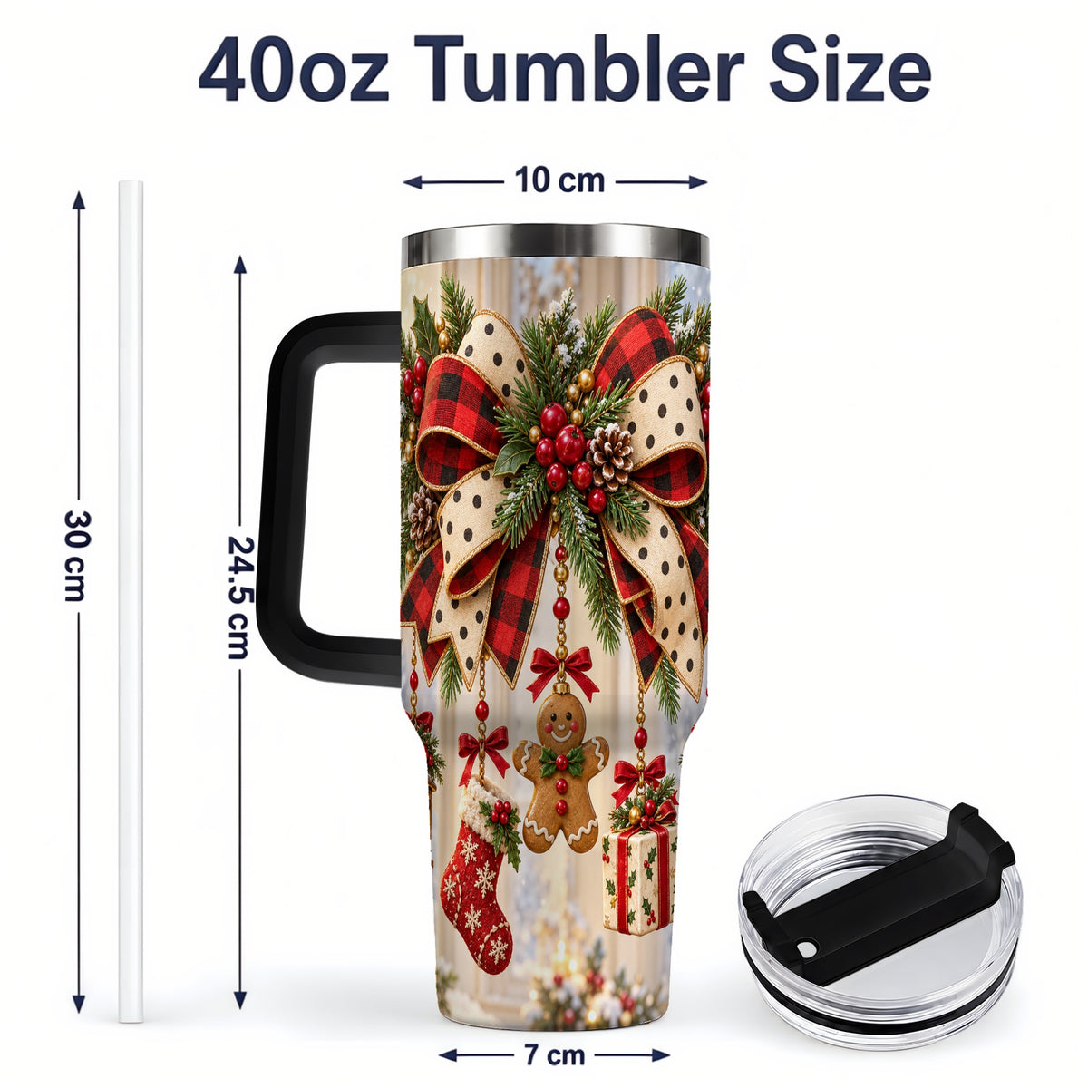 #pl[40oz|Black] Rustic Christmas Ribbon Tumbler, 40oz Handled Stainless Steel Cup
