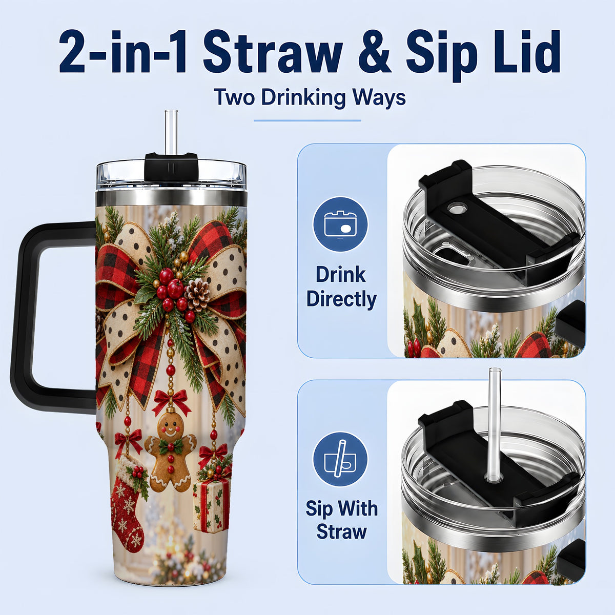 #pl[40oz|Black] Rustic Christmas Ribbon Tumbler, 40oz Handled Stainless Steel Cup
