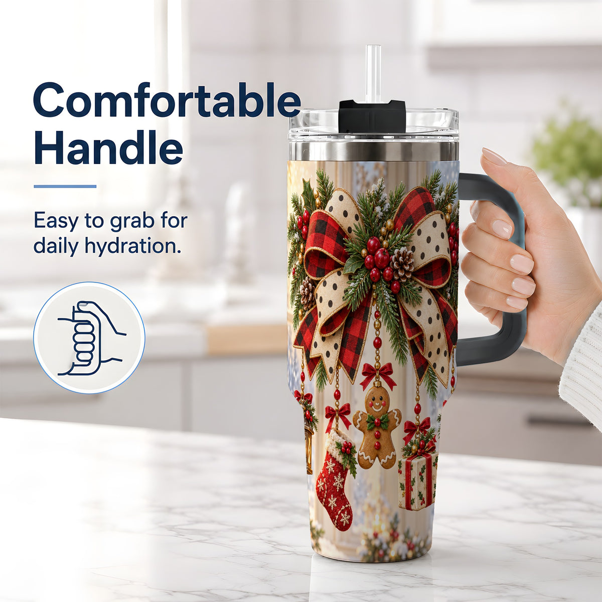 #pl[40oz|Black] Rustic Christmas Ribbon Tumbler, 40oz Handled Stainless Steel Cup
