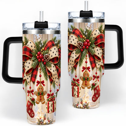 #pl[40oz|Black] Rustic Christmas Ribbon Tumbler, 40oz Handled Stainless Steel Cup