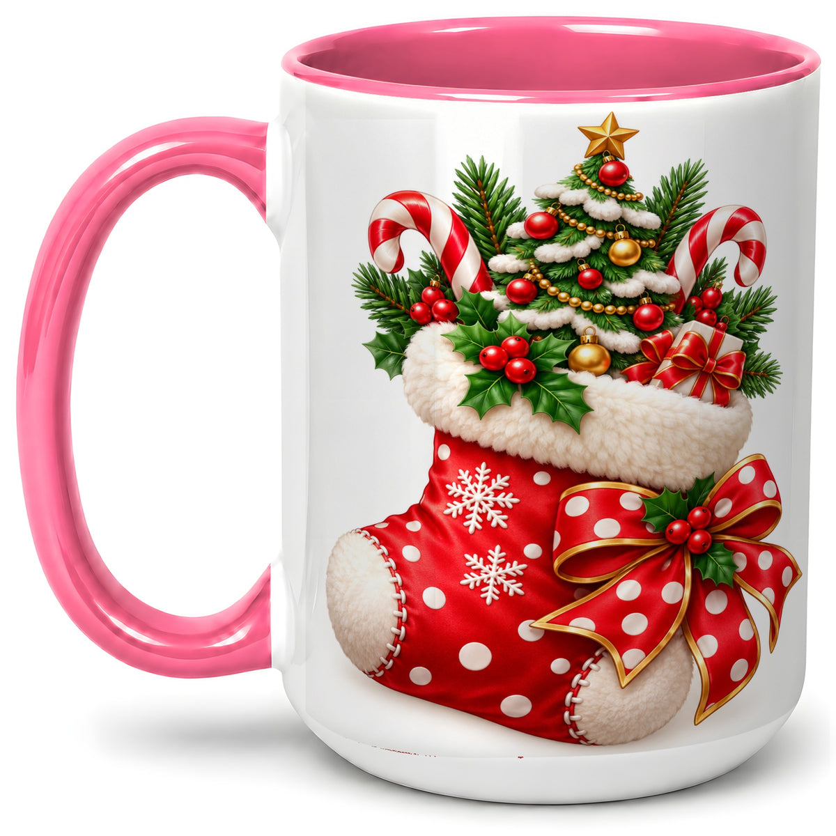 #pl[15oz|Pink] Christmas Stocking Accent Mug, Ceramic Cup with Holiday Tree Art