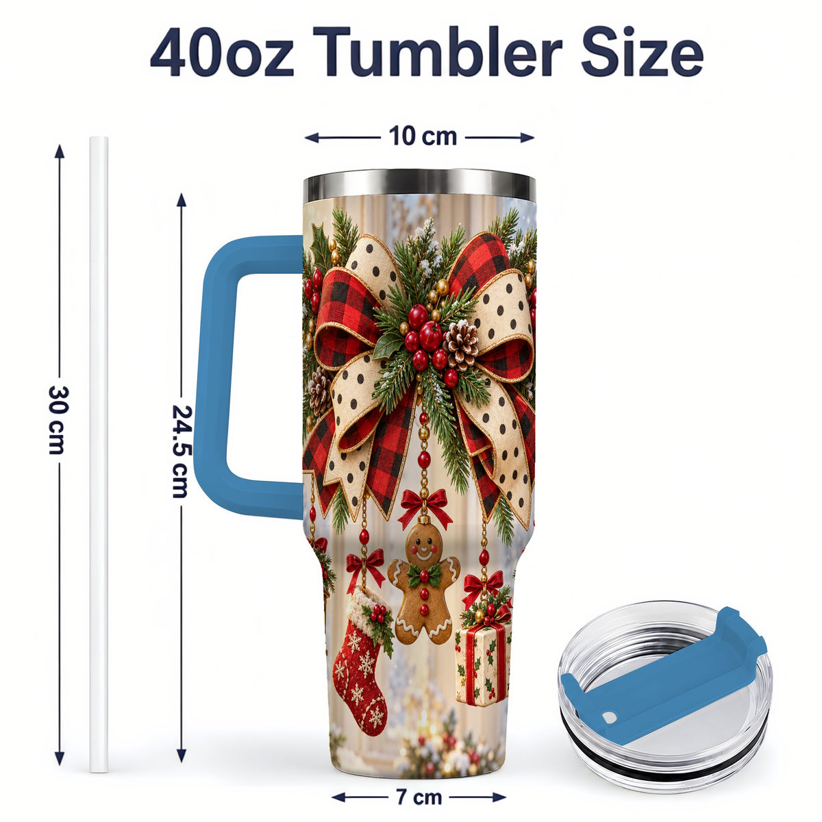 #pl[40oz|Blue] Rustic Christmas Ribbon Tumbler, 40oz Handled Stainless Steel Cup