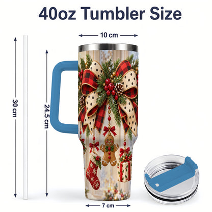 #pl[40oz|Blue] Rustic Christmas Ribbon Tumbler, 40oz Handled Stainless Steel Cup