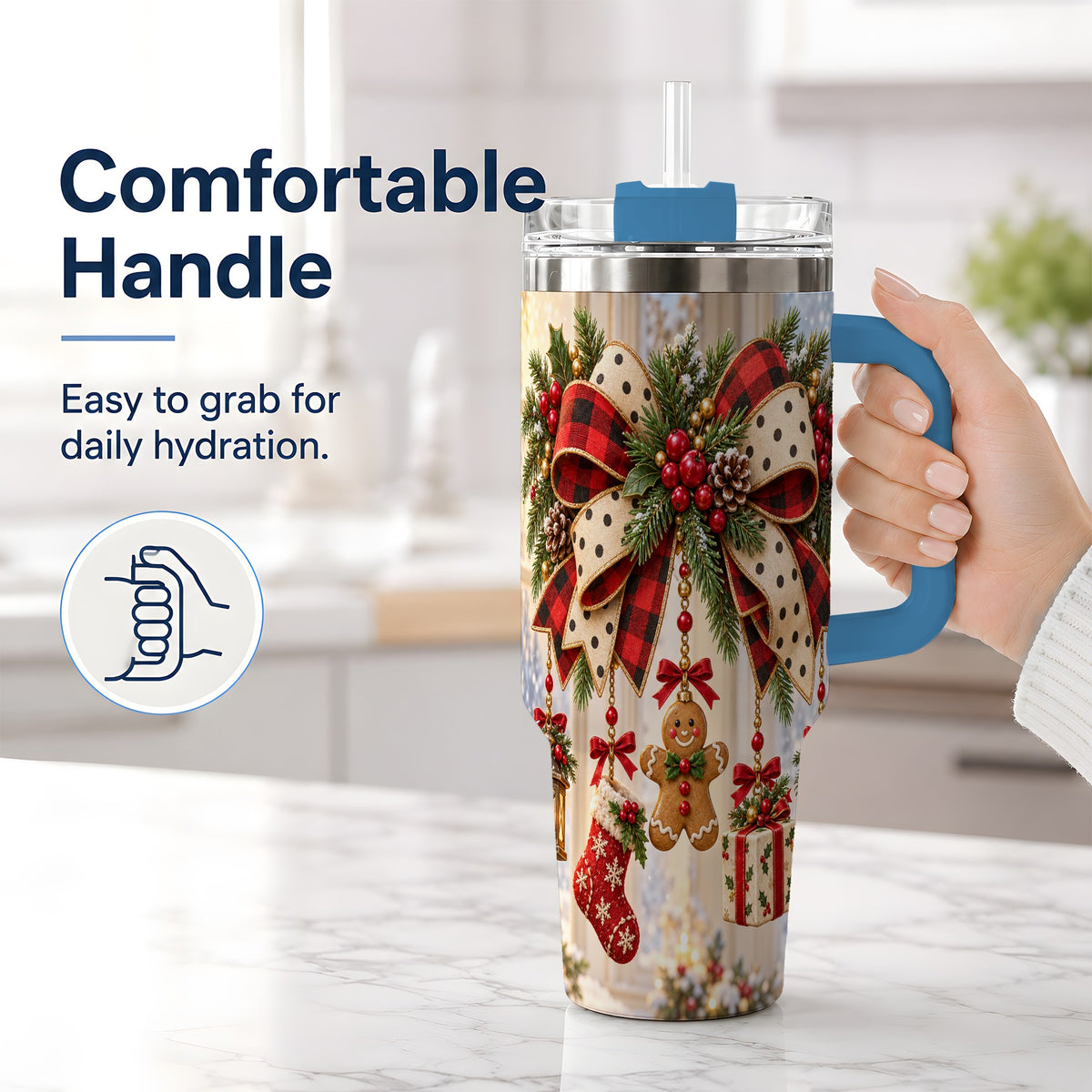 #pl[40oz|Blue] Rustic Christmas Ribbon Tumbler, 40oz Handled Stainless Steel Cup