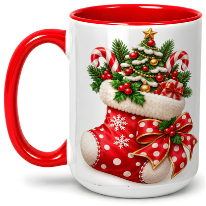 #pl[15oz|Red] Christmas Stocking Accent Mug, Ceramic Cup with Holiday Tree Art