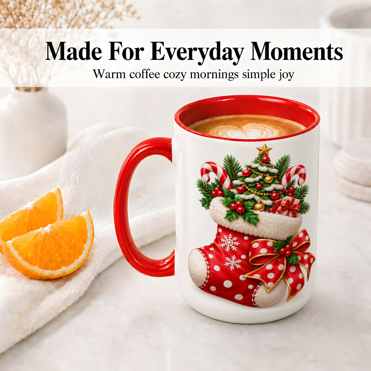 #pl[15oz|Red] Christmas Stocking Accent Mug, Ceramic Cup with Holiday Tree Art
