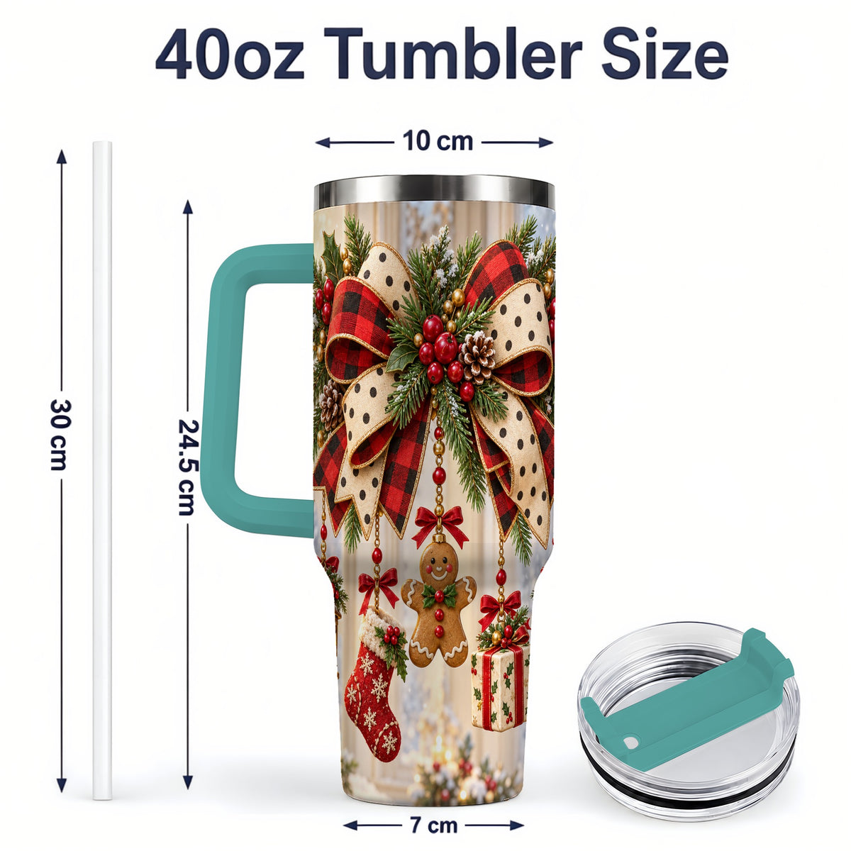 #pl[40oz|Green] Rustic Christmas Ribbon Tumbler, 40oz Handled Stainless Steel Cup