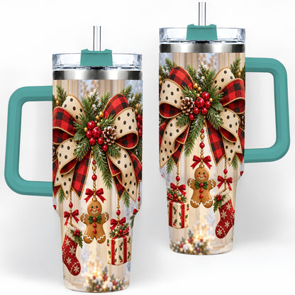 #pl[40oz|Green] Rustic Christmas Ribbon Tumbler, 40oz Handled Stainless Steel Cup