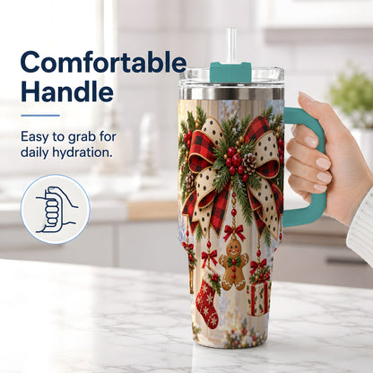 #pl[40oz|Green] Rustic Christmas Ribbon Tumbler, 40oz Handled Stainless Steel Cup