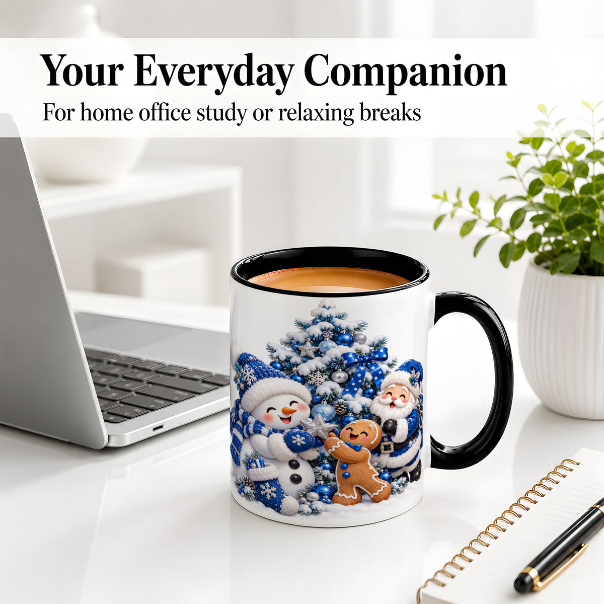 #pl[11oz|Black] Blue Santa Snowman Accent Mug, Ceramic Cup with Christmas Art