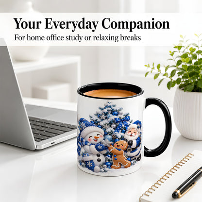 #pl[11oz|Black] Blue Santa Snowman Accent Mug, Ceramic Cup with Christmas Art