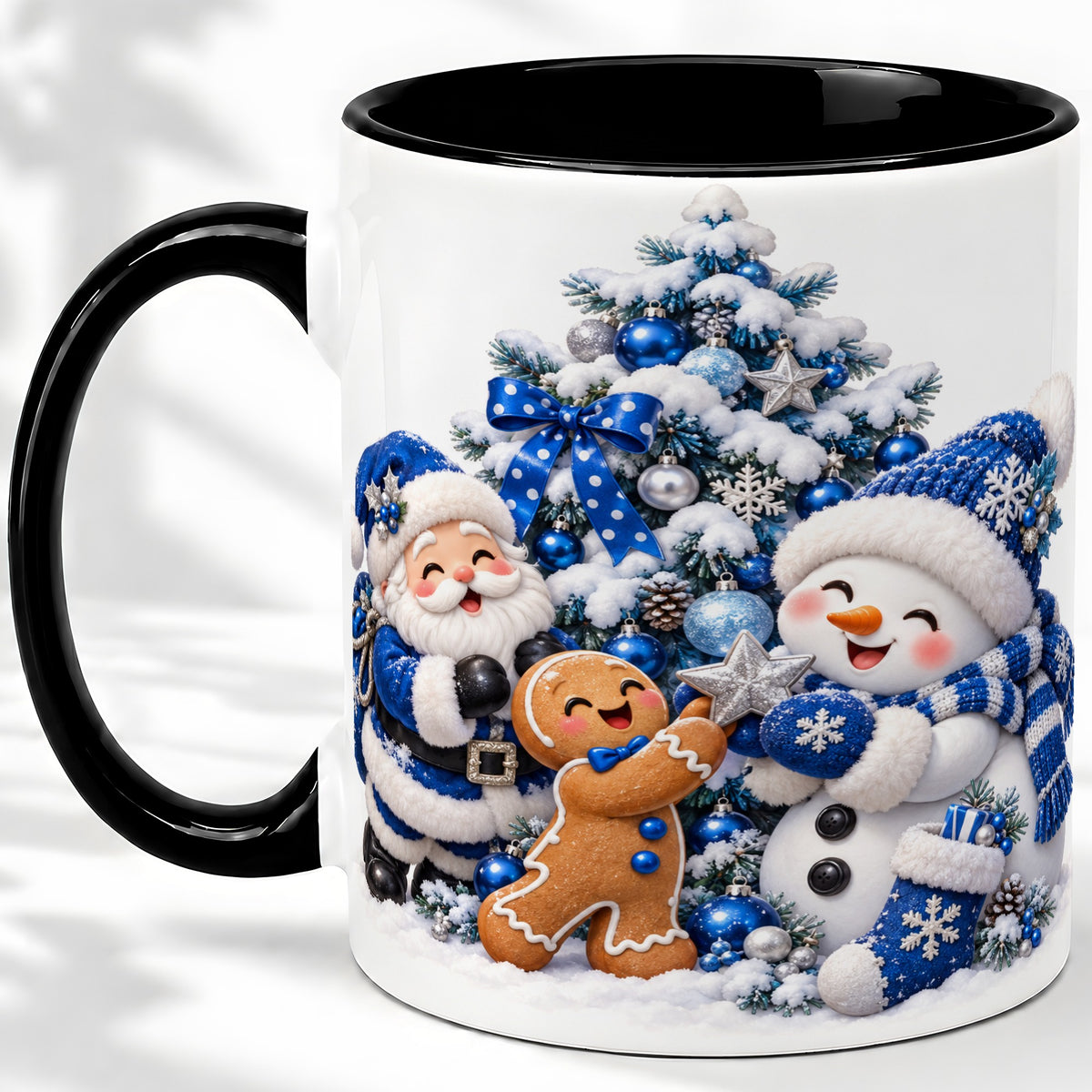 #pl[11oz|Black] Blue Santa Snowman Accent Mug, Ceramic Cup with Christmas Art