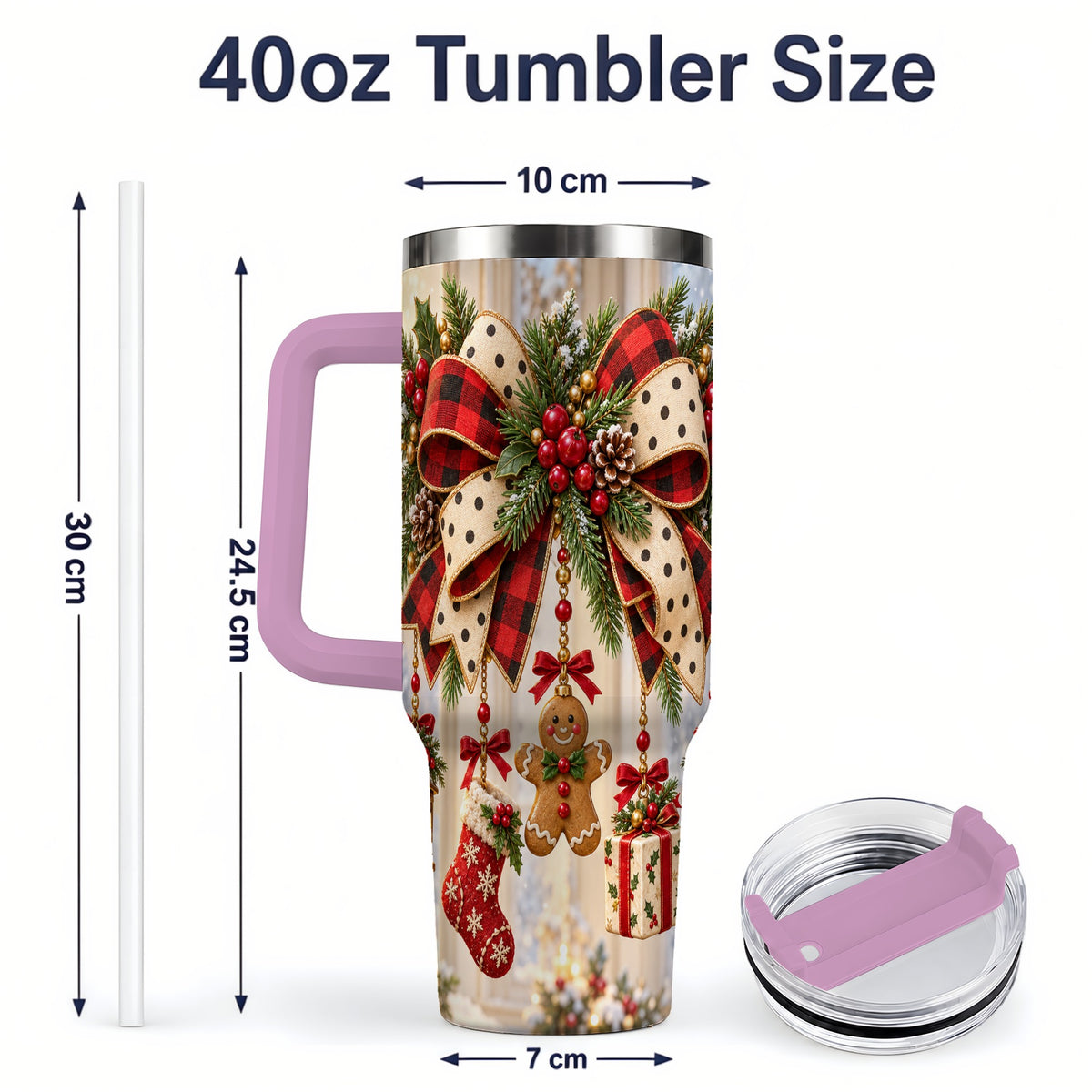 #pl[40oz|Pink] Rustic Christmas Ribbon Tumbler, 40oz Handled Stainless Steel Cup