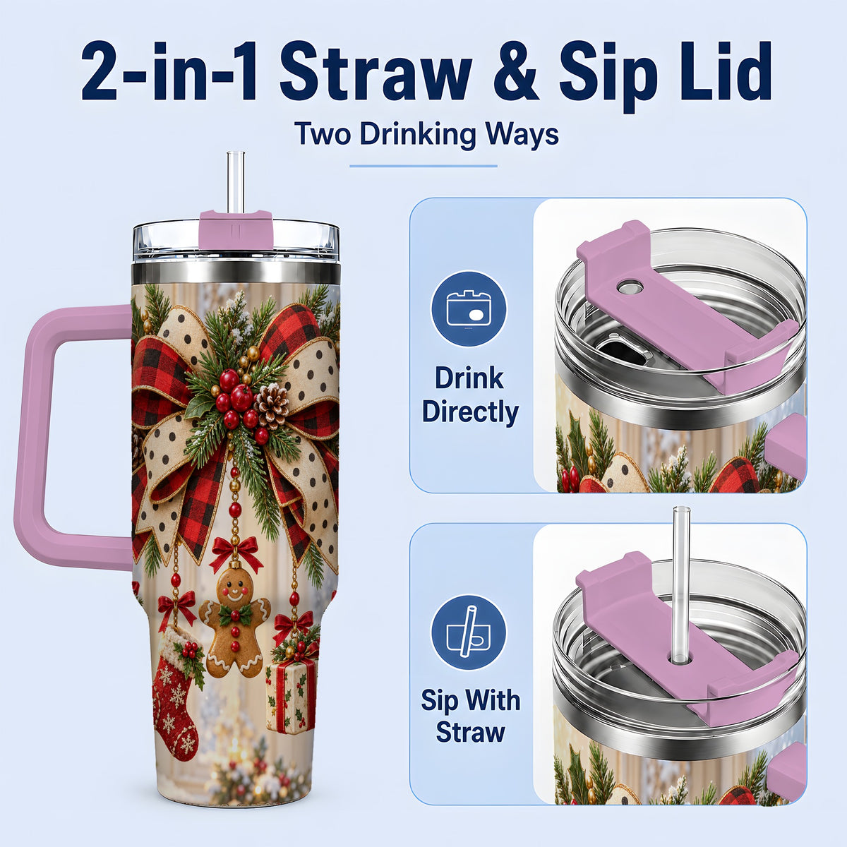 #pl[40oz|Pink] Rustic Christmas Ribbon Tumbler, 40oz Handled Stainless Steel Cup
