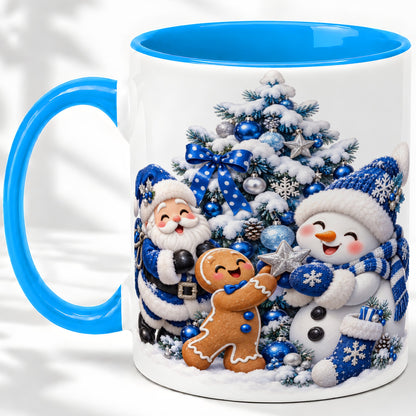 #pl[11oz|Blue] Blue Santa Snowman Accent Mug, Ceramic Cup with Christmas Art
