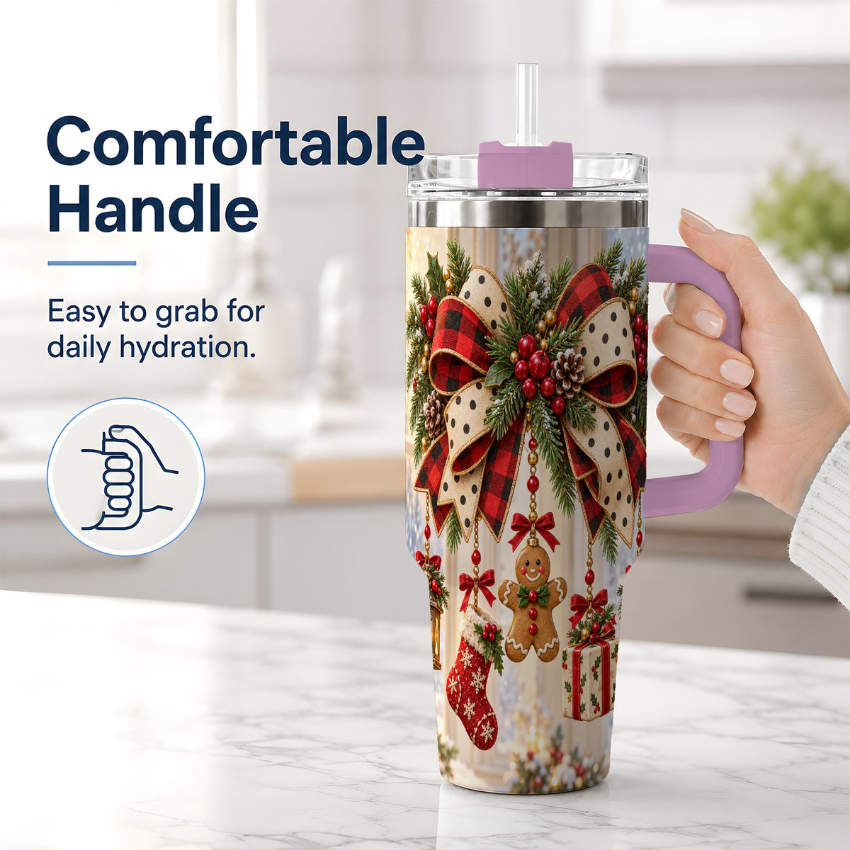 #pl[40oz|Pink] Rustic Christmas Ribbon Tumbler, 40oz Handled Stainless Steel Cup