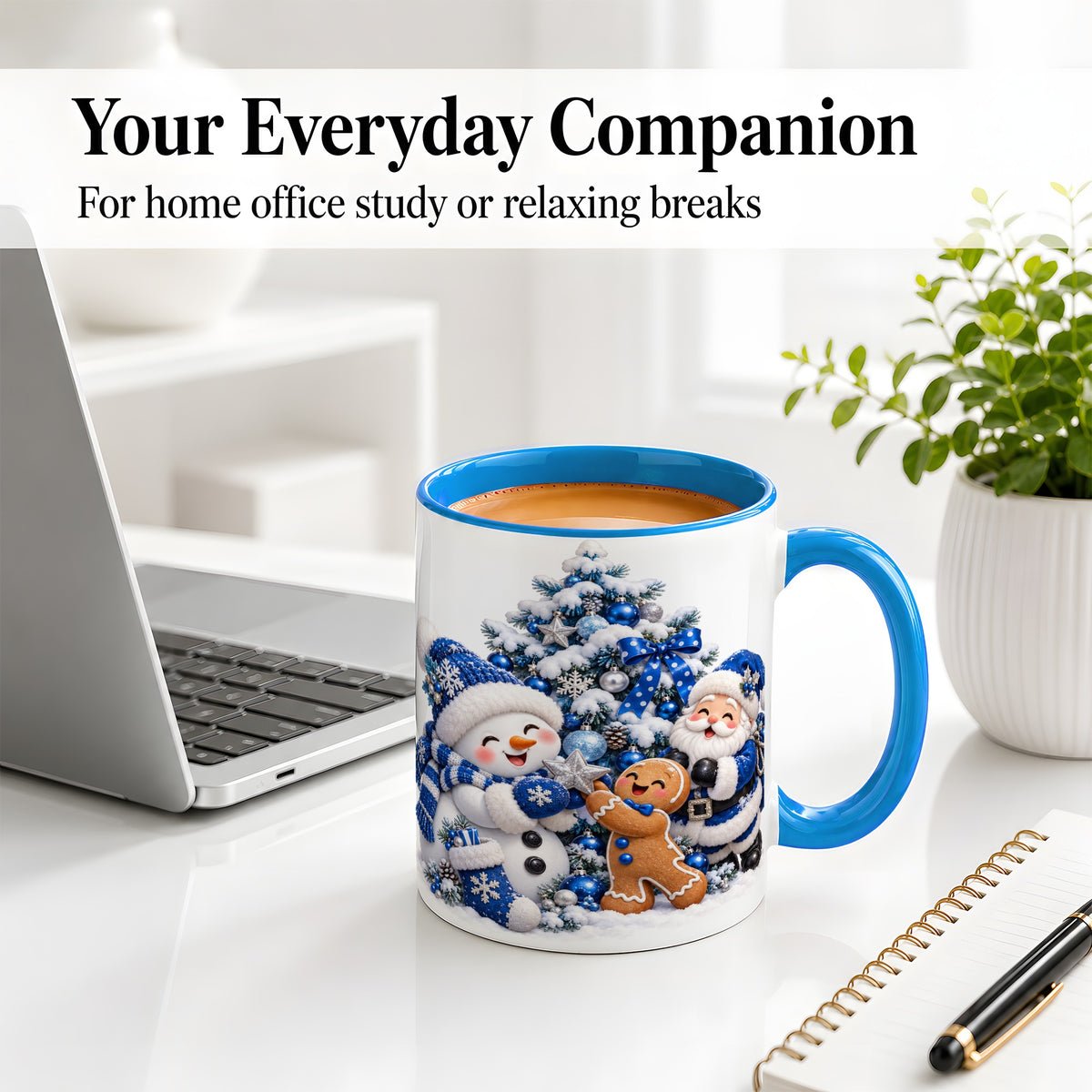 #pl[11oz|Blue] Blue Santa Snowman Accent Mug, Ceramic Cup with Christmas Art
