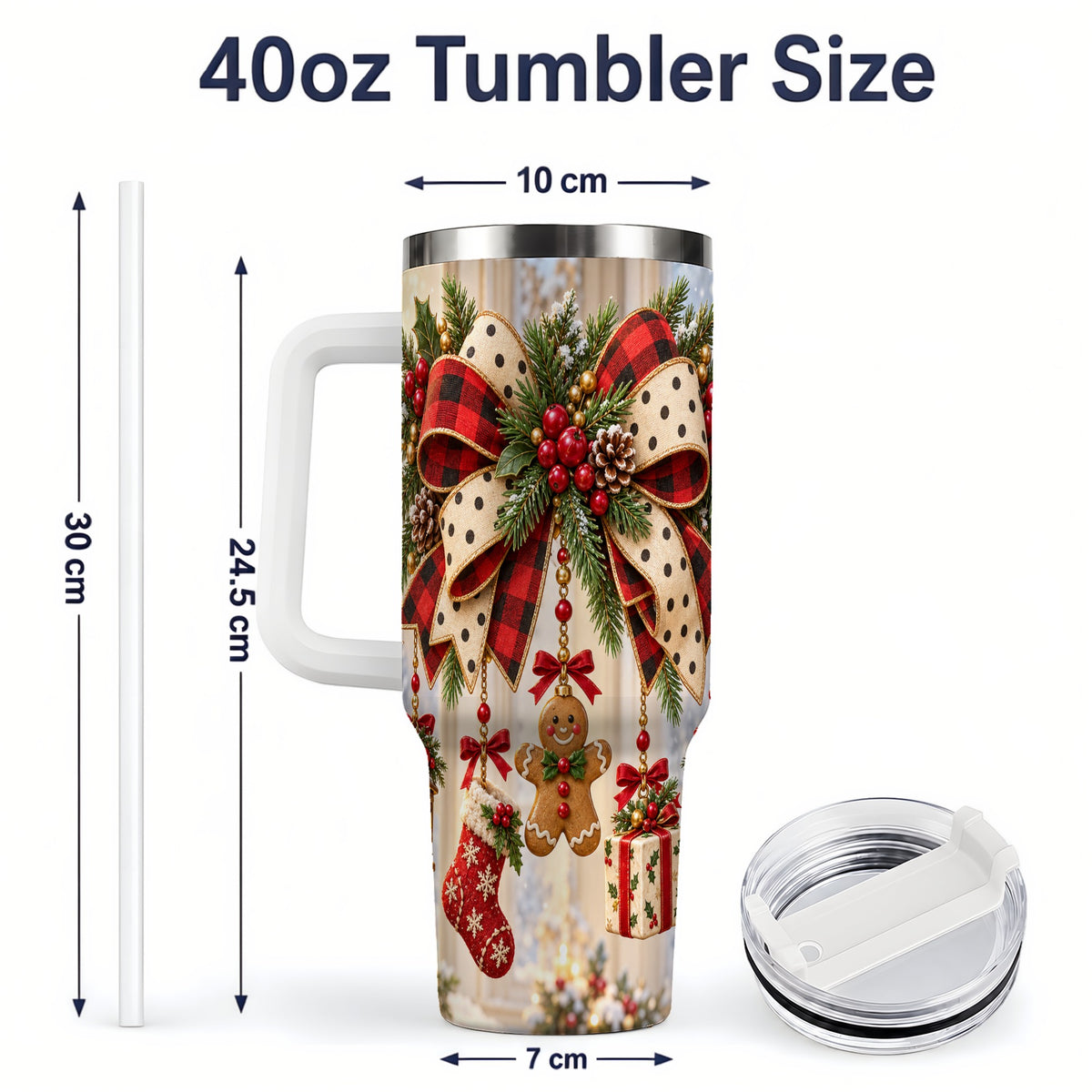 #pl[40oz|White] Rustic Christmas Ribbon Tumbler, 40oz Handled Stainless Steel Cup