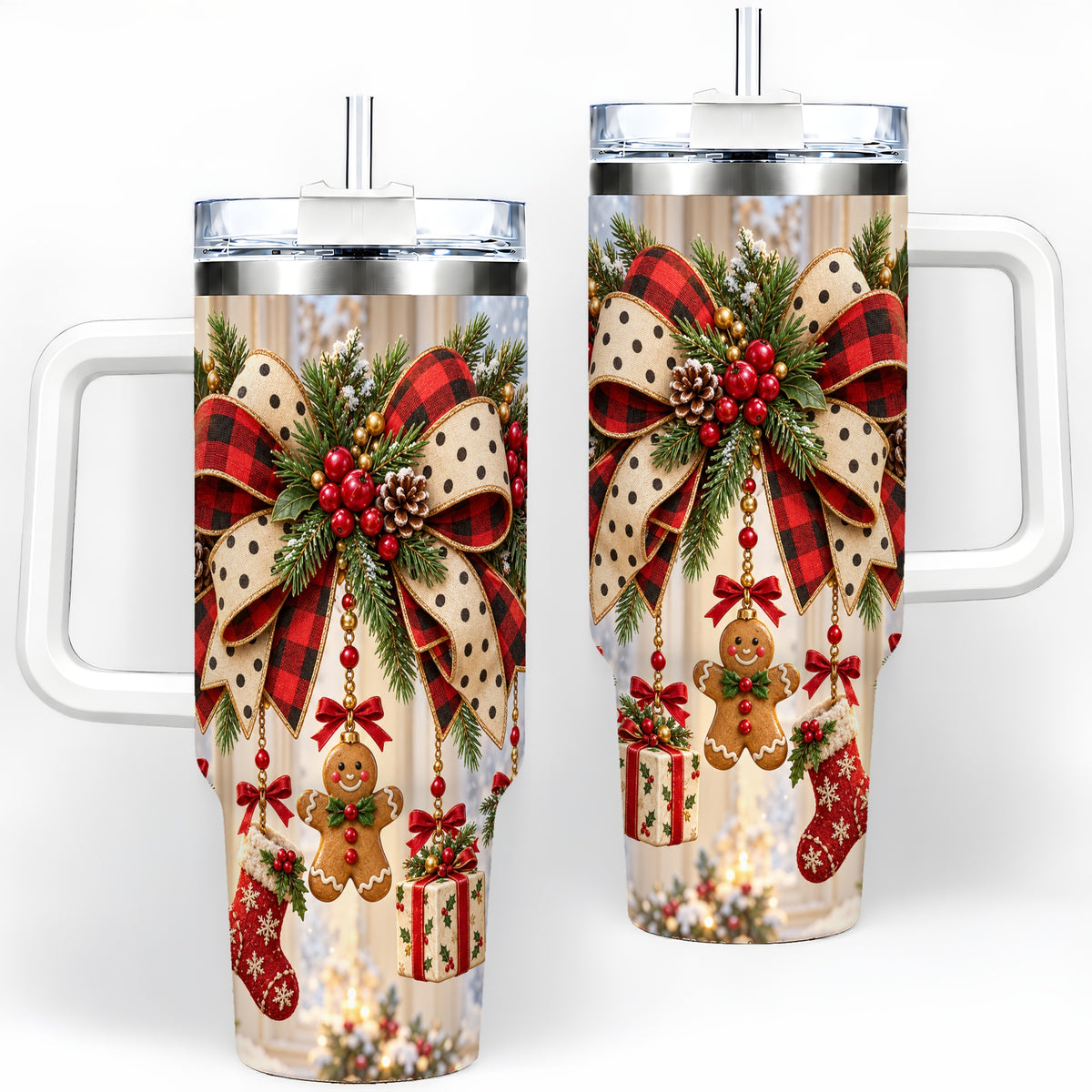 Rustic Christmas Ribbon Tumbler, 40oz Handled Stainless Steel Cup