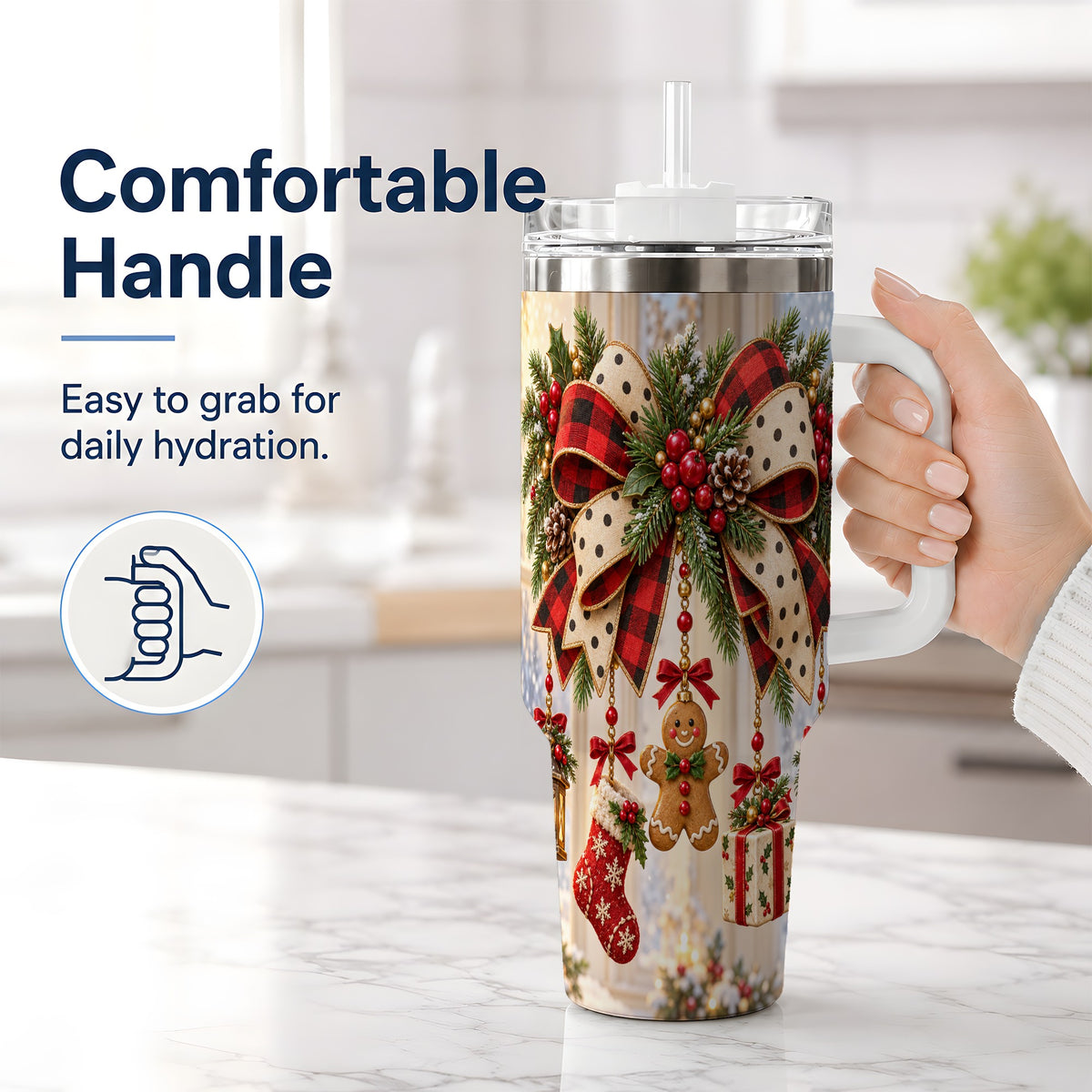 #pl[40oz|White] Rustic Christmas Ribbon Tumbler, 40oz Handled Stainless Steel Cup