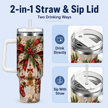 #pl[40oz|White] Rustic Christmas Ribbon Tumbler, 40oz Handled Stainless Steel Cup