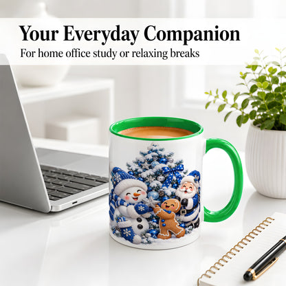 #pl[11oz|Green] Blue Santa Snowman Accent Mug, Ceramic Cup with Christmas Art