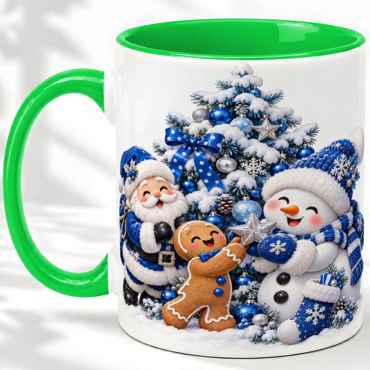 #pl[11oz|Green] Blue Santa Snowman Accent Mug, Ceramic Cup with Christmas Art