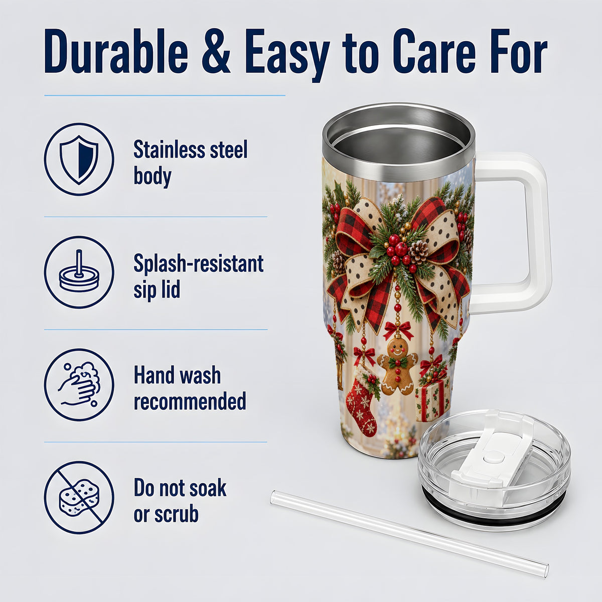 Rustic Christmas Ribbon Tumbler, 40oz Handled Stainless Steel Cup