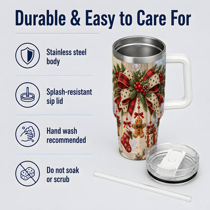Rustic Christmas Ribbon Tumbler, 40oz Handled Stainless Steel Cup