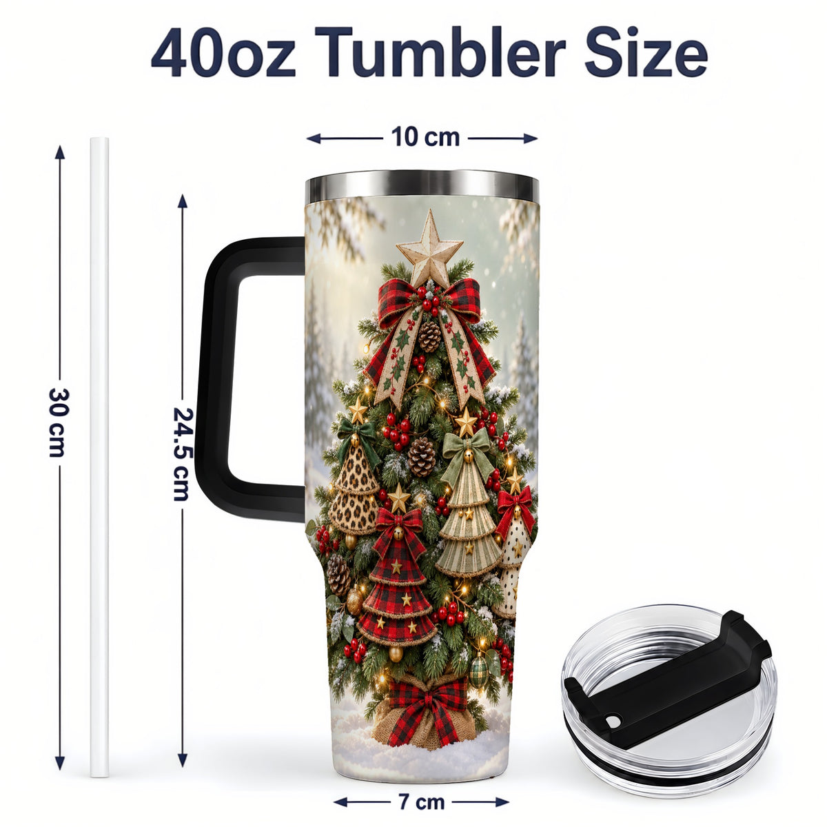 #pl[40oz|Black] Rustic Evergreen Ornament Tumbler, 40oz Handled Stainless Steel Cup