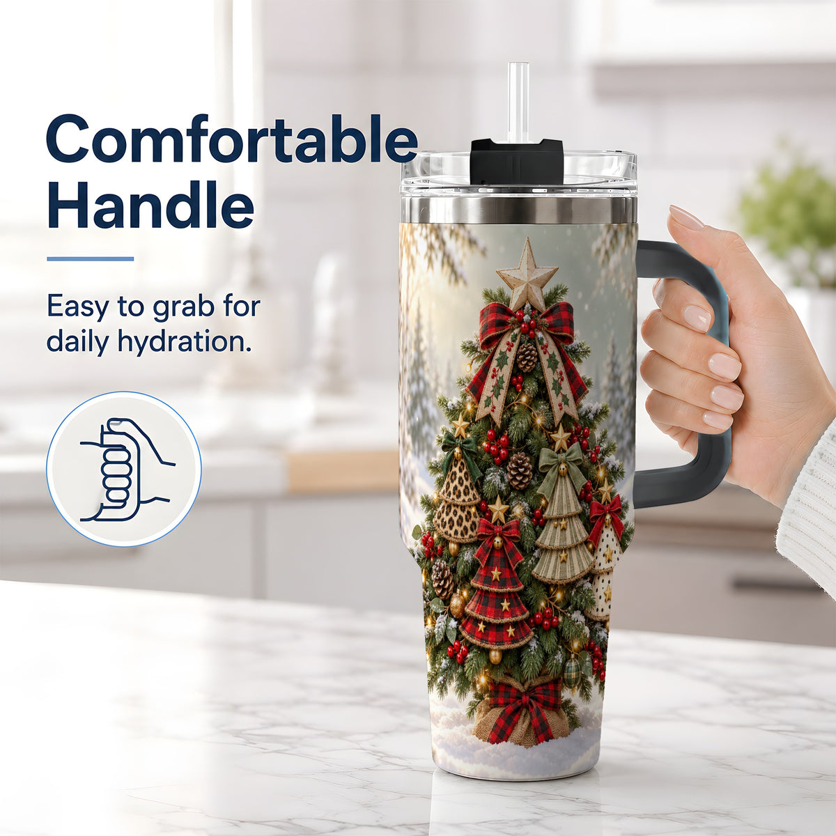 #pl[40oz|Black] Rustic Evergreen Ornament Tumbler, 40oz Handled Stainless Steel Cup