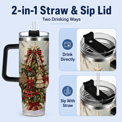 #pl[40oz|Black] Rustic Evergreen Ornament Tumbler, 40oz Handled Stainless Steel Cup