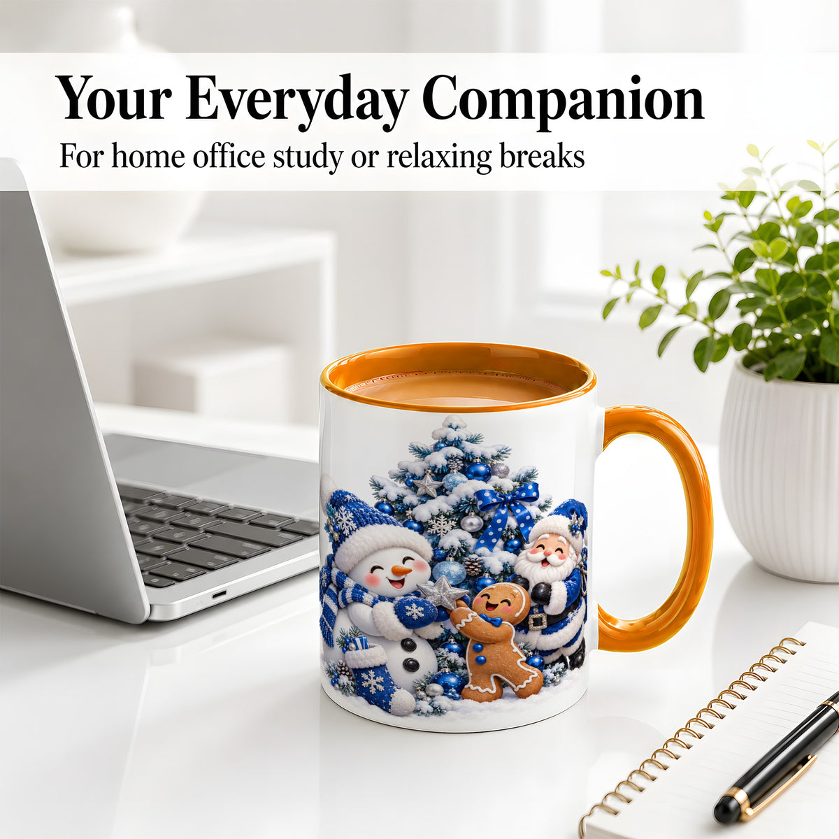 #pl[11oz|Orange] Blue Santa Snowman Accent Mug, Ceramic Cup with Christmas Art