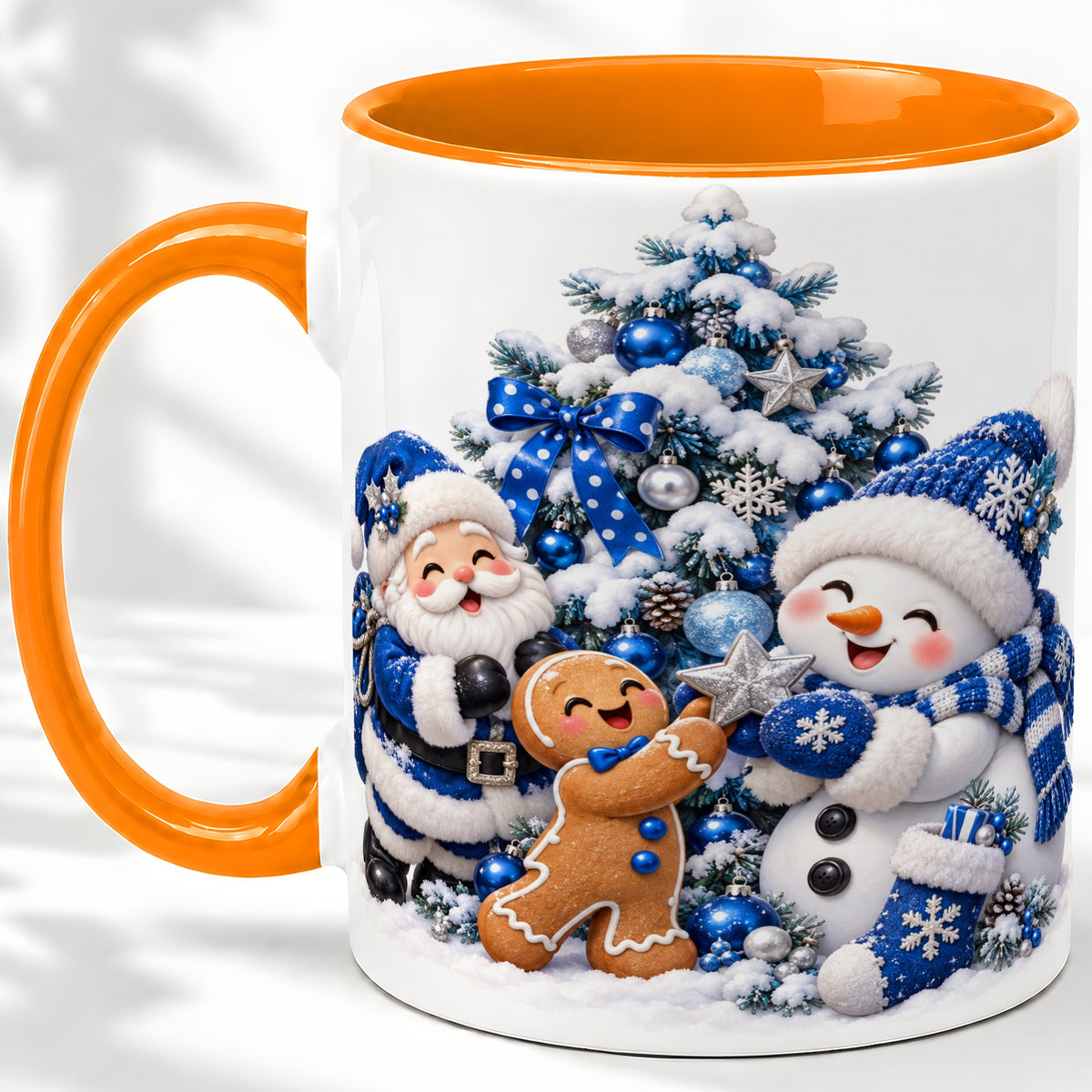 #pl[11oz|Orange] Blue Santa Snowman Accent Mug, Ceramic Cup with Christmas Art
