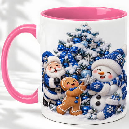 #pl[11oz|Pink] Blue Santa Snowman Accent Mug, Ceramic Cup with Christmas Art