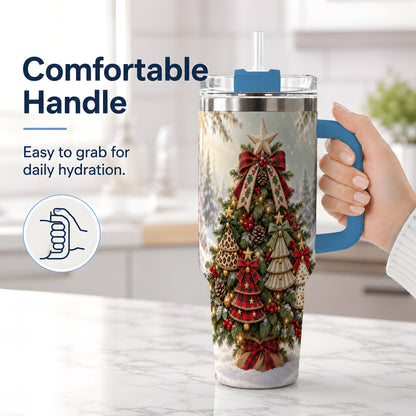 #pl[40oz|Blue] Rustic Evergreen Ornament Tumbler, 40oz Handled Stainless Steel Cup