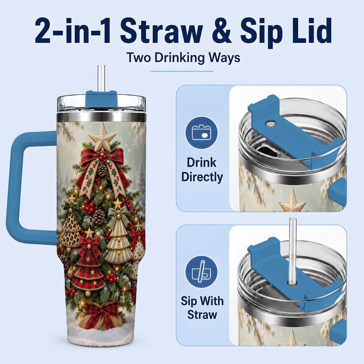 #pl[40oz|Blue] Rustic Evergreen Ornament Tumbler, 40oz Handled Stainless Steel Cup