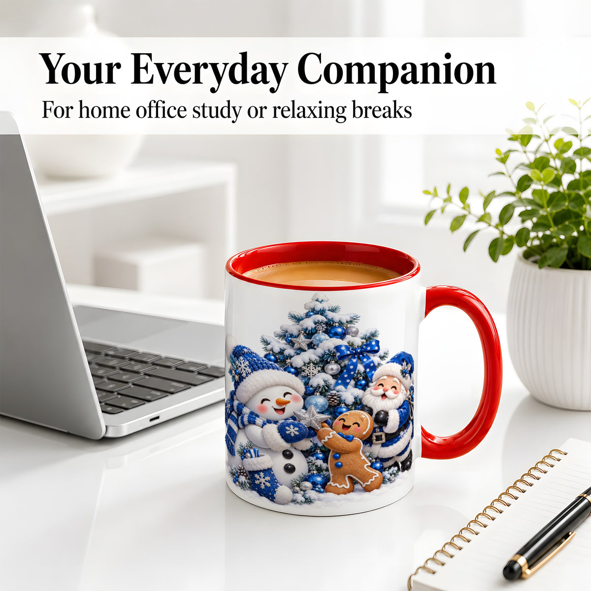 #pl[11oz|Red] Blue Santa Snowman Accent Mug, Ceramic Cup with Christmas Art