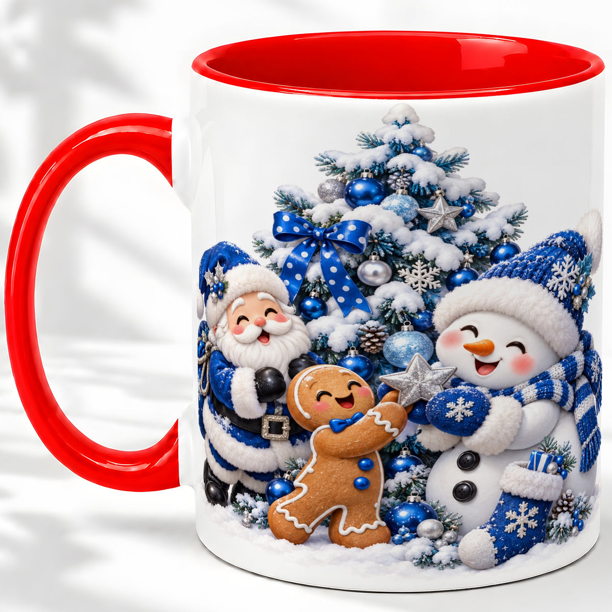 Blue Santa Snowman Accent Mug, Ceramic Cup with Christmas Art