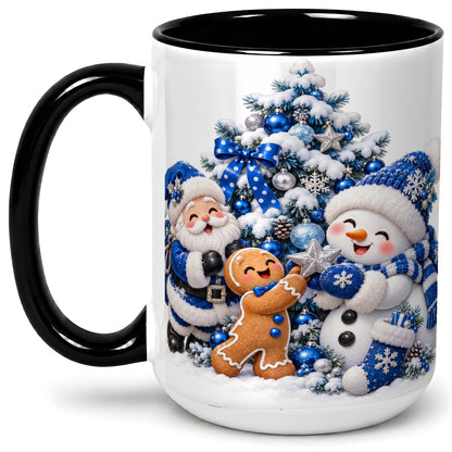 #pl[15oz|Black] Blue Santa Snowman Accent Mug, Ceramic Cup with Christmas Art