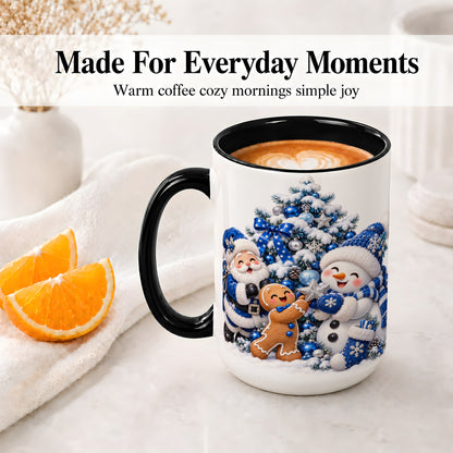 #pl[15oz|Black] Blue Santa Snowman Accent Mug, Ceramic Cup with Christmas Art