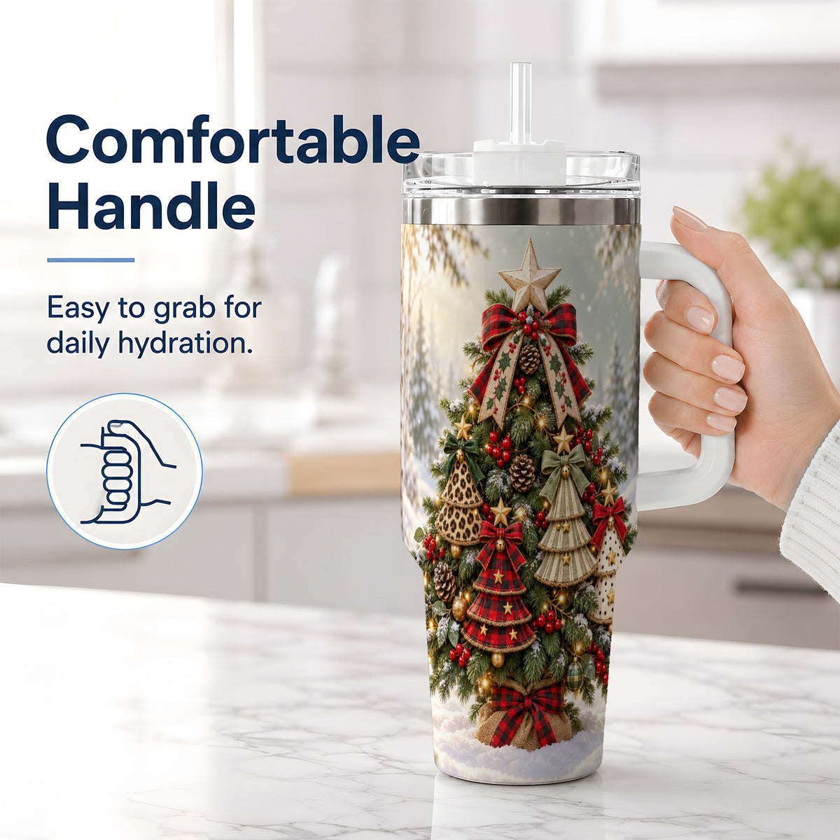#pl[40oz|White] Rustic Evergreen Ornament Tumbler, 40oz Handled Stainless Steel Cup