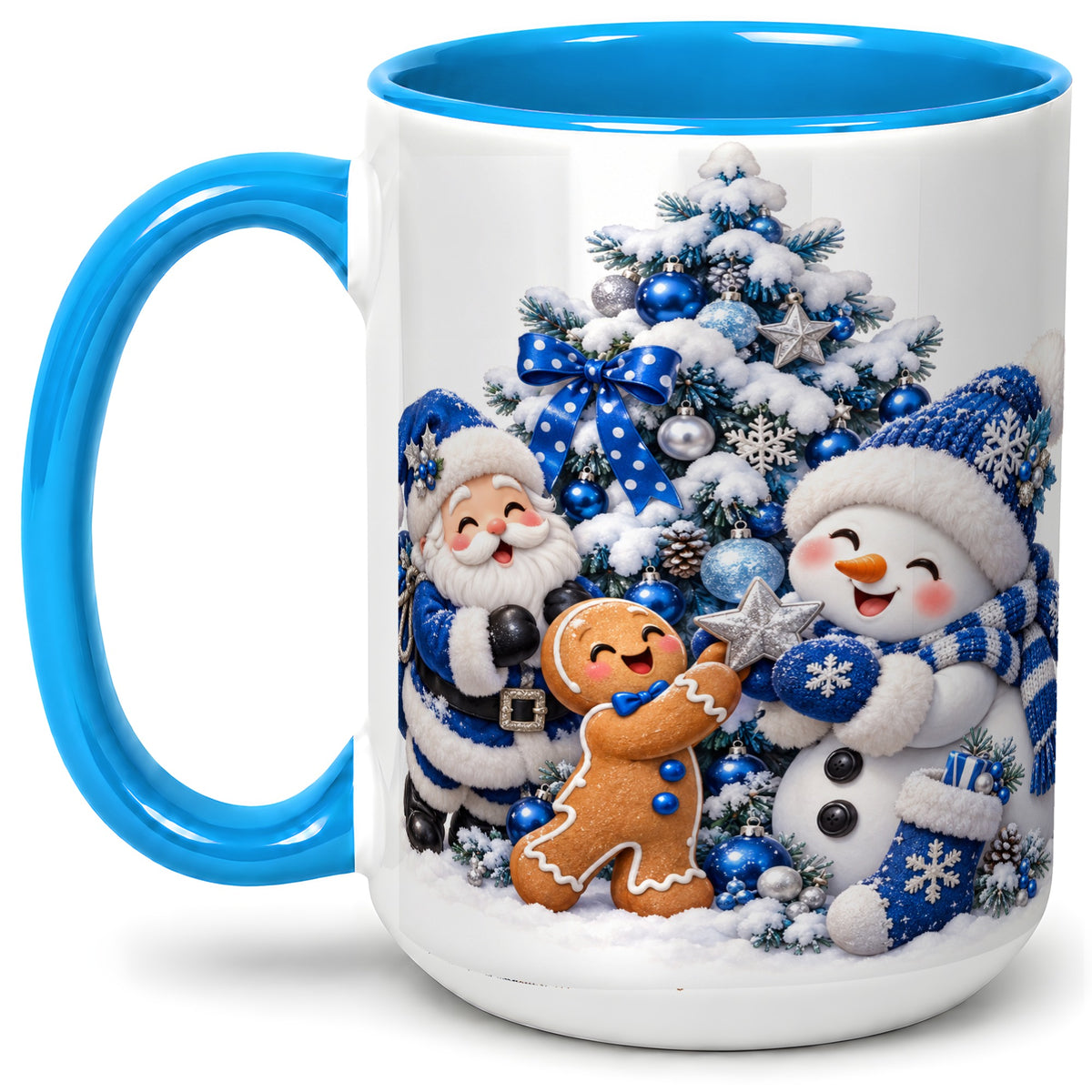 #pl[15oz|Blue] Blue Santa Snowman Accent Mug, Ceramic Cup with Christmas Art