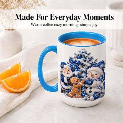 #pl[15oz|Blue] Blue Santa Snowman Accent Mug, Ceramic Cup with Christmas Art