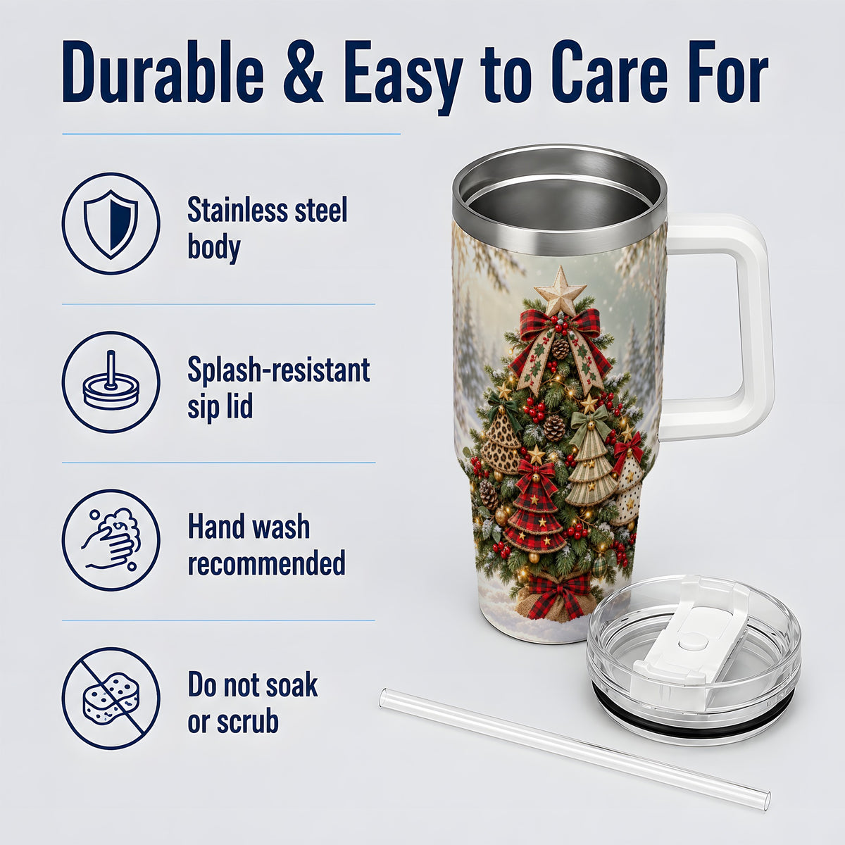 Rustic Evergreen Ornament Tumbler, 40oz Handled Stainless Steel Cup