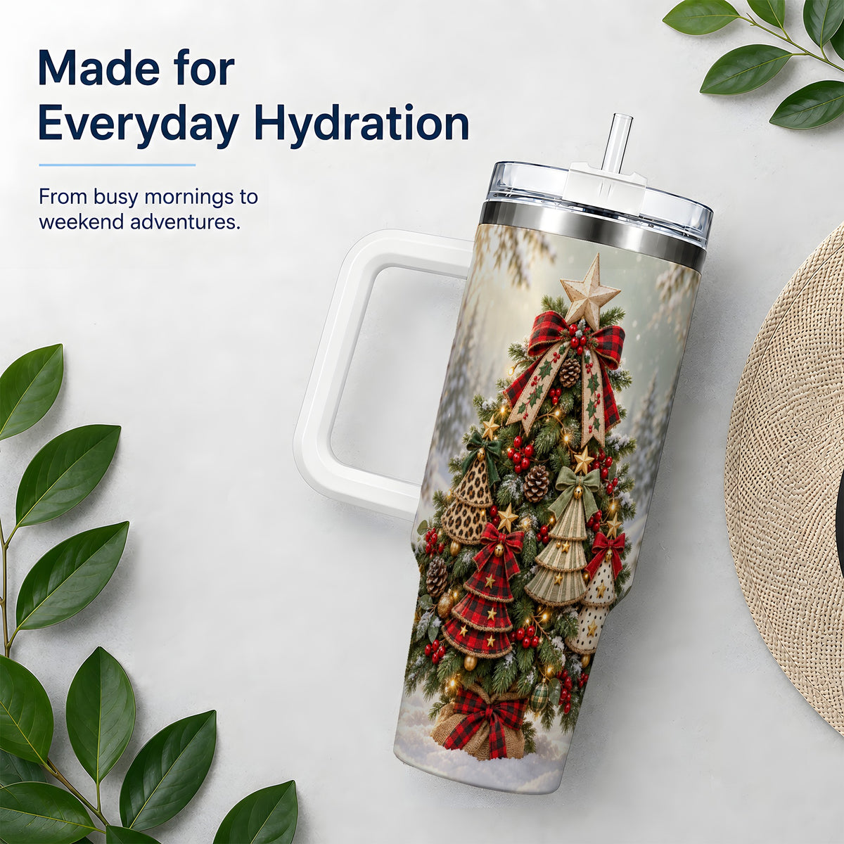 Rustic Evergreen Ornament Tumbler, 40oz Handled Stainless Steel Cup