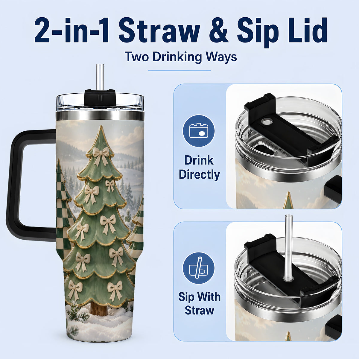 #pl[40oz|Black] Green Striped Christmas Tumbler, 40oz Handled Stainless Steel Cup